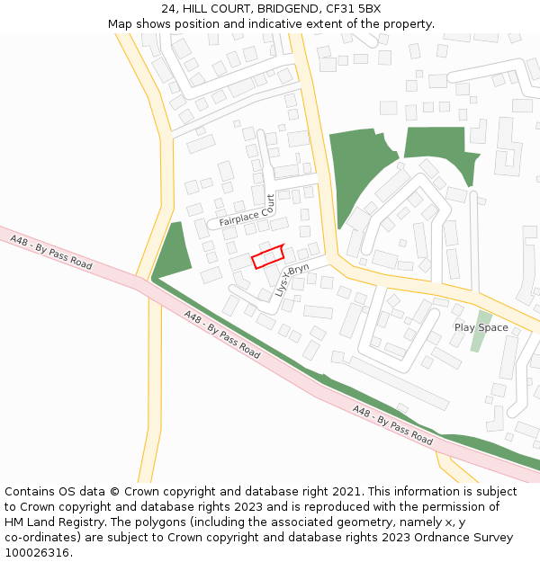 24, HILL COURT, BRIDGEND, CF31 5BX: Location map and indicative extent of plot
