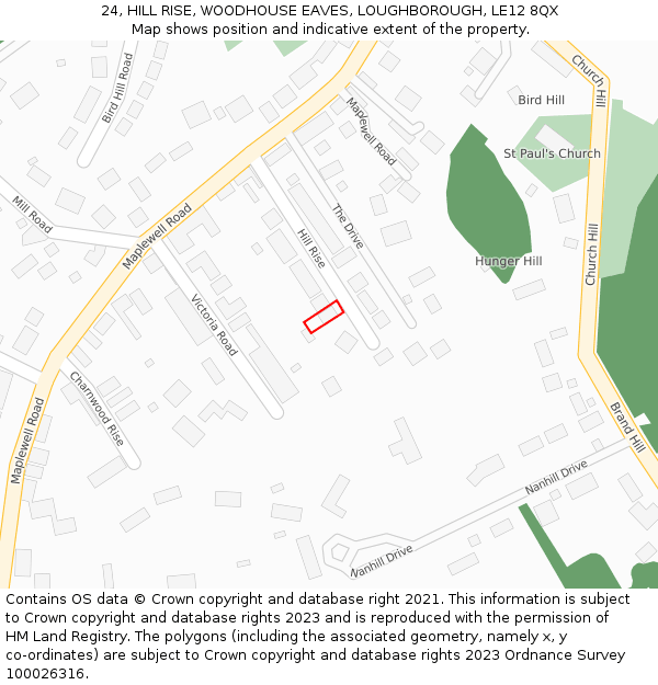 24, HILL RISE, WOODHOUSE EAVES, LOUGHBOROUGH, LE12 8QX: Location map and indicative extent of plot