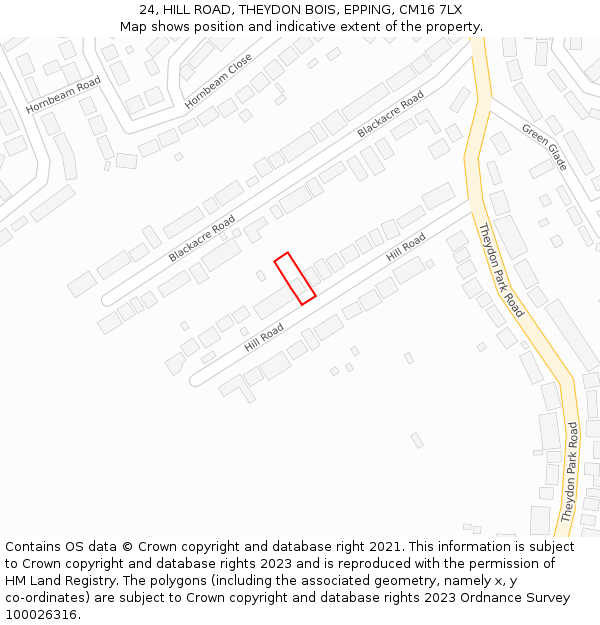 24, HILL ROAD, THEYDON BOIS, EPPING, CM16 7LX: Location map and indicative extent of plot