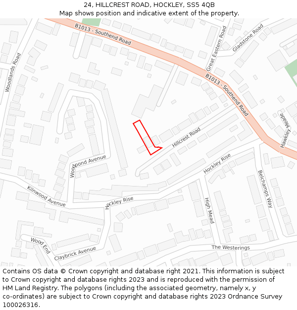 24, HILLCREST ROAD, HOCKLEY, SS5 4QB: Location map and indicative extent of plot