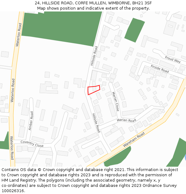 24, HILLSIDE ROAD, CORFE MULLEN, WIMBORNE, BH21 3SF: Location map and indicative extent of plot
