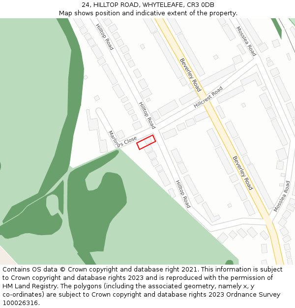 24, HILLTOP ROAD, WHYTELEAFE, CR3 0DB: Location map and indicative extent of plot