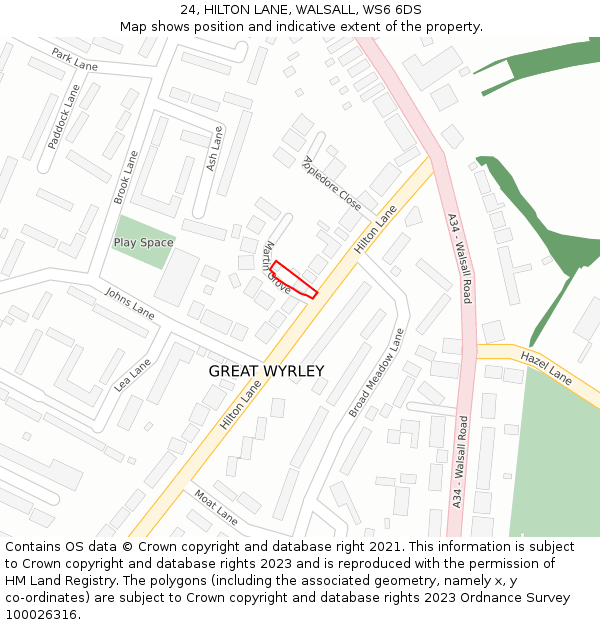 24, HILTON LANE, WALSALL, WS6 6DS: Location map and indicative extent of plot
