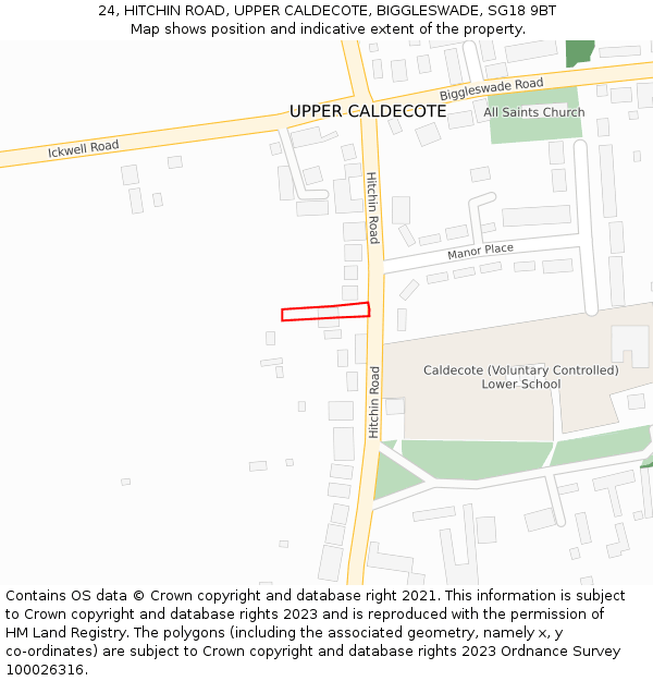 24, HITCHIN ROAD, UPPER CALDECOTE, BIGGLESWADE, SG18 9BT: Location map and indicative extent of plot