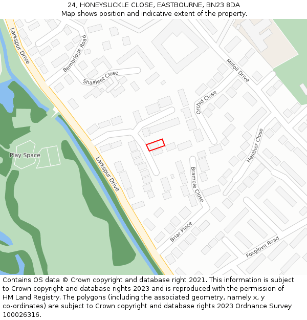 24, HONEYSUCKLE CLOSE, EASTBOURNE, BN23 8DA: Location map and indicative extent of plot