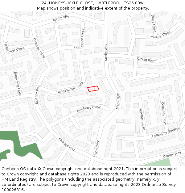 24, HONEYSUCKLE CLOSE, HARTLEPOOL, TS26 0RW: Location map and indicative extent of plot