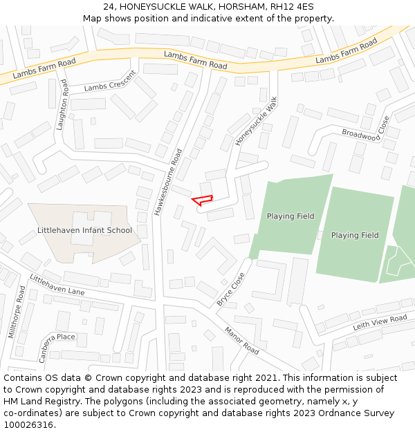 24, HONEYSUCKLE WALK, HORSHAM, RH12 4ES: Location map and indicative extent of plot