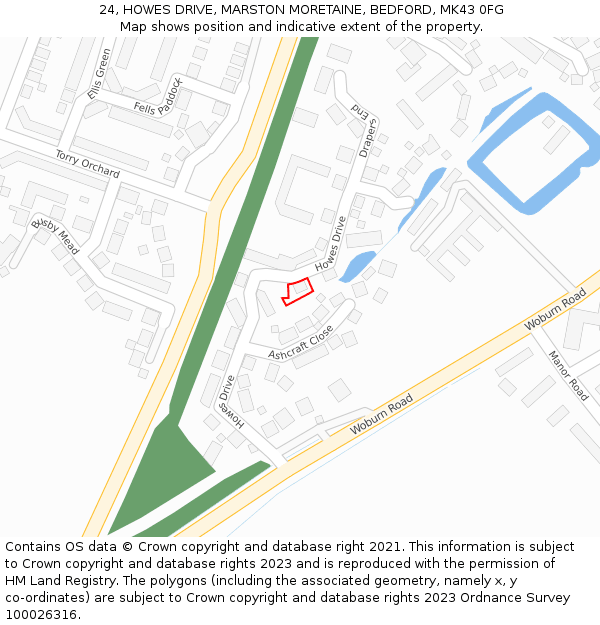 24, HOWES DRIVE, MARSTON MORETAINE, BEDFORD, MK43 0FG: Location map and indicative extent of plot