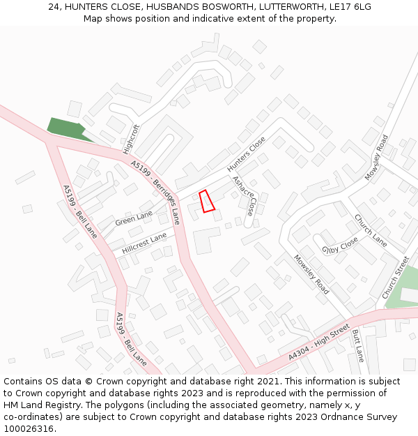 24, HUNTERS CLOSE, HUSBANDS BOSWORTH, LUTTERWORTH, LE17 6LG: Location map and indicative extent of plot