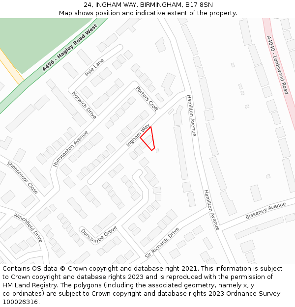 24, INGHAM WAY, BIRMINGHAM, B17 8SN: Location map and indicative extent of plot