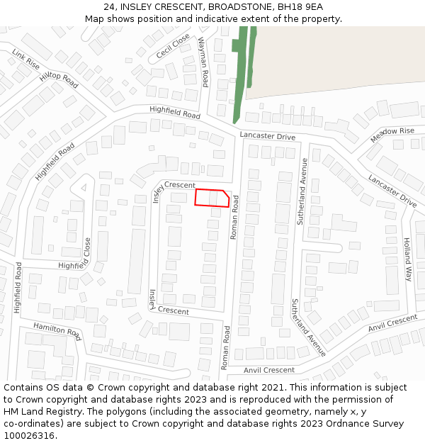 24, INSLEY CRESCENT, BROADSTONE, BH18 9EA: Location map and indicative extent of plot