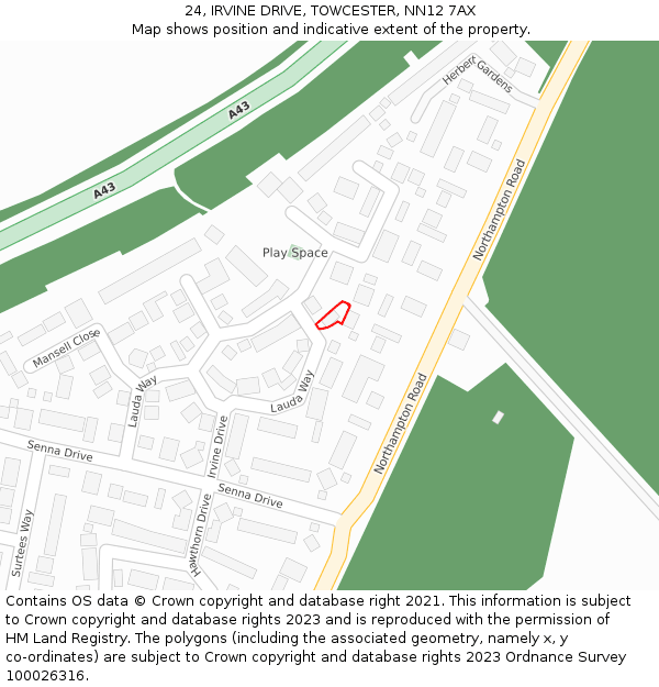 24, IRVINE DRIVE, TOWCESTER, NN12 7AX: Location map and indicative extent of plot