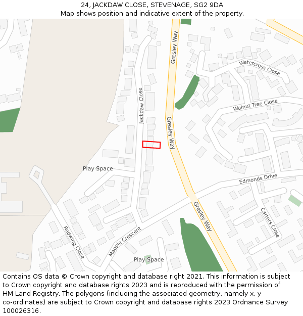 24, JACKDAW CLOSE, STEVENAGE, SG2 9DA: Location map and indicative extent of plot