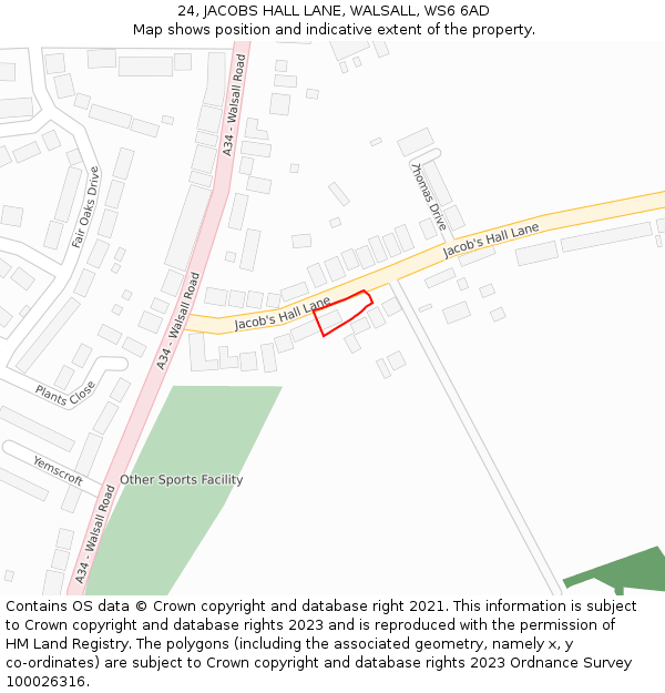 24, JACOBS HALL LANE, WALSALL, WS6 6AD: Location map and indicative extent of plot