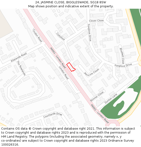 24, JASMINE CLOSE, BIGGLESWADE, SG18 8SW: Location map and indicative extent of plot