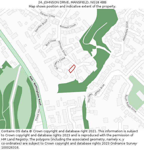 24, JOHNSON DRIVE, MANSFIELD, NG18 4BB: Location map and indicative extent of plot