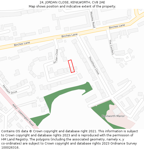 24, JORDAN CLOSE, KENILWORTH, CV8 2AE: Location map and indicative extent of plot