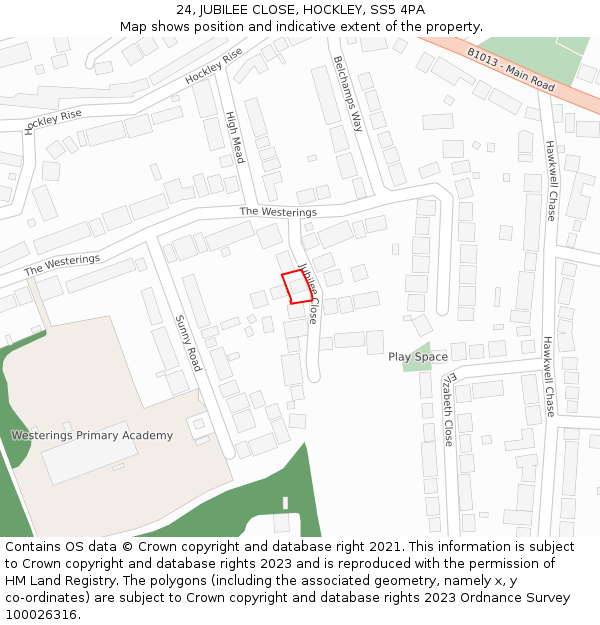 24, JUBILEE CLOSE, HOCKLEY, SS5 4PA: Location map and indicative extent of plot