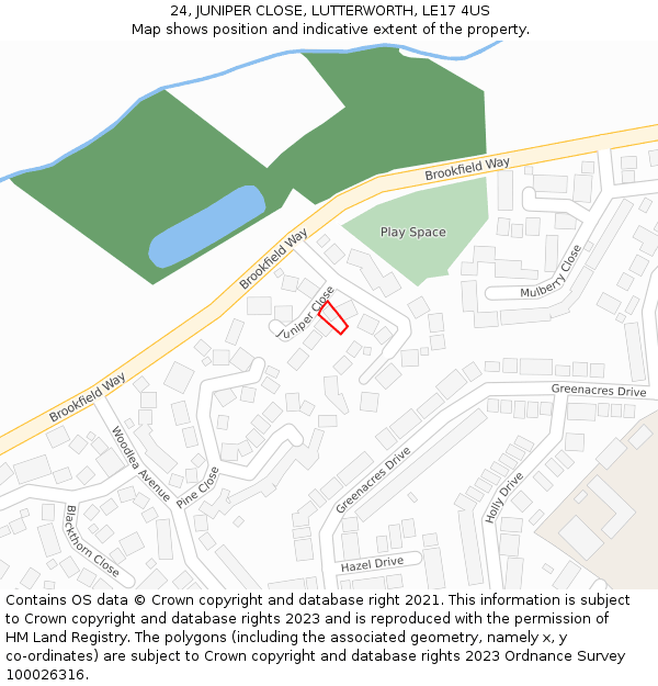 24, JUNIPER CLOSE, LUTTERWORTH, LE17 4US: Location map and indicative extent of plot