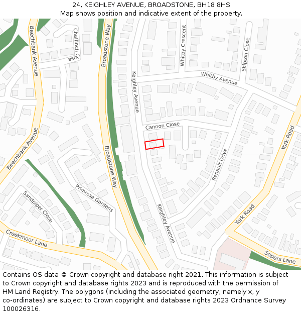 24, KEIGHLEY AVENUE, BROADSTONE, BH18 8HS: Location map and indicative extent of plot