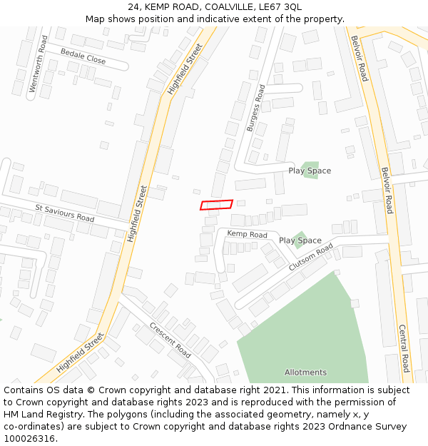 24, KEMP ROAD, COALVILLE, LE67 3QL: Location map and indicative extent of plot