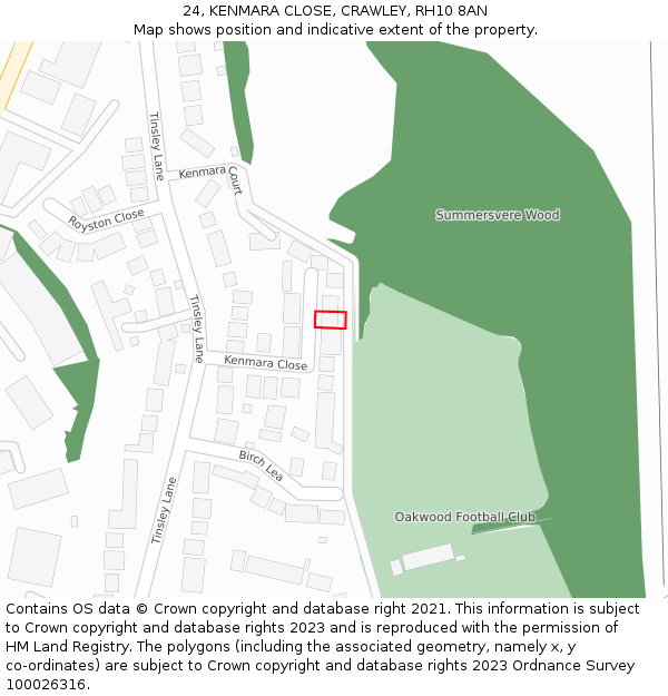 24, KENMARA CLOSE, CRAWLEY, RH10 8AN: Location map and indicative extent of plot