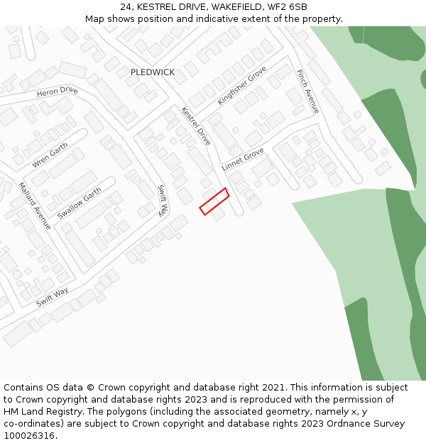 24, KESTREL DRIVE, WAKEFIELD, WF2 6SB: Location map and indicative extent of plot