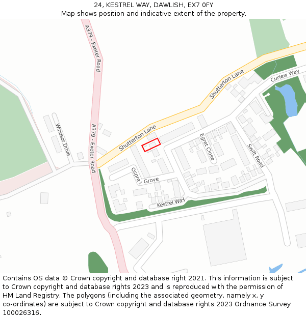 24, KESTREL WAY, DAWLISH, EX7 0FY: Location map and indicative extent of plot