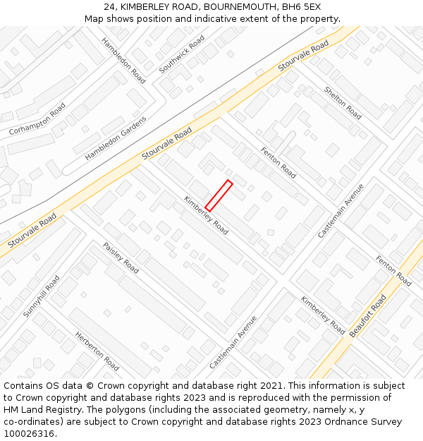 24, KIMBERLEY ROAD, BOURNEMOUTH, BH6 5EX: Location map and indicative extent of plot