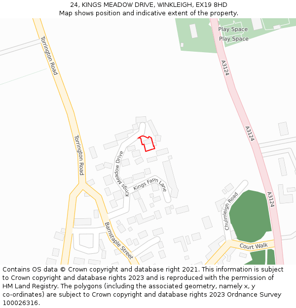 24, KINGS MEADOW DRIVE, WINKLEIGH, EX19 8HD: Location map and indicative extent of plot