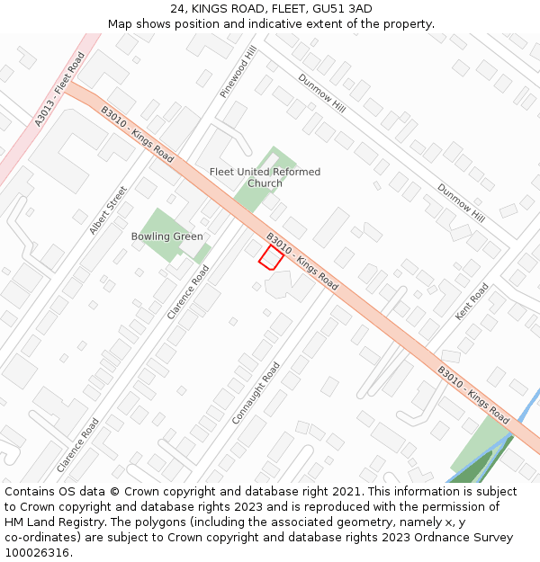 24, KINGS ROAD, FLEET, GU51 3AD: Location map and indicative extent of plot
