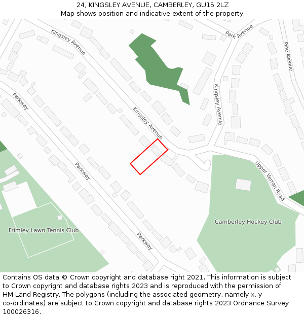 24, KINGSLEY AVENUE, CAMBERLEY, GU15 2LZ: Location map and indicative extent of plot