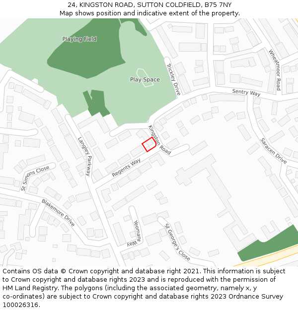 24, KINGSTON ROAD, SUTTON COLDFIELD, B75 7NY: Location map and indicative extent of plot
