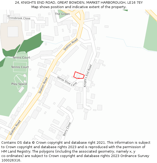24, KNIGHTS END ROAD, GREAT BOWDEN, MARKET HARBOROUGH, LE16 7EY: Location map and indicative extent of plot