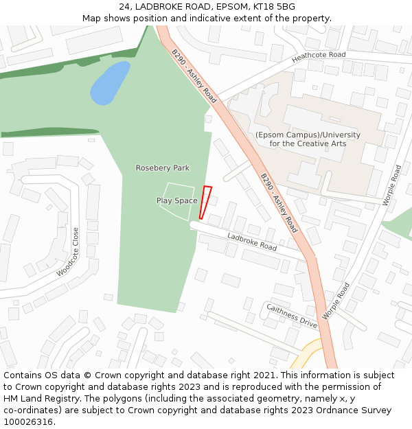 24, LADBROKE ROAD, EPSOM, KT18 5BG: Location map and indicative extent of plot