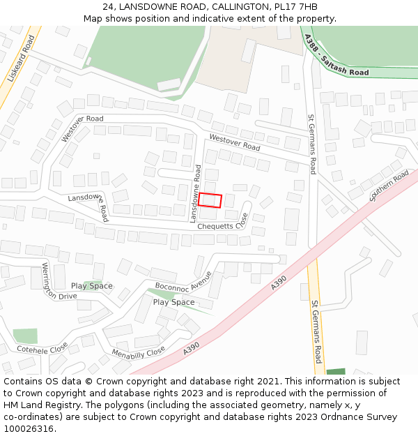 24, LANSDOWNE ROAD, CALLINGTON, PL17 7HB: Location map and indicative extent of plot