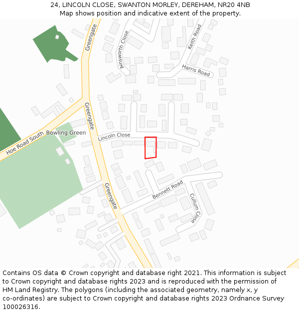 24, LINCOLN CLOSE, SWANTON MORLEY, DEREHAM, NR20 4NB: Location map and indicative extent of plot