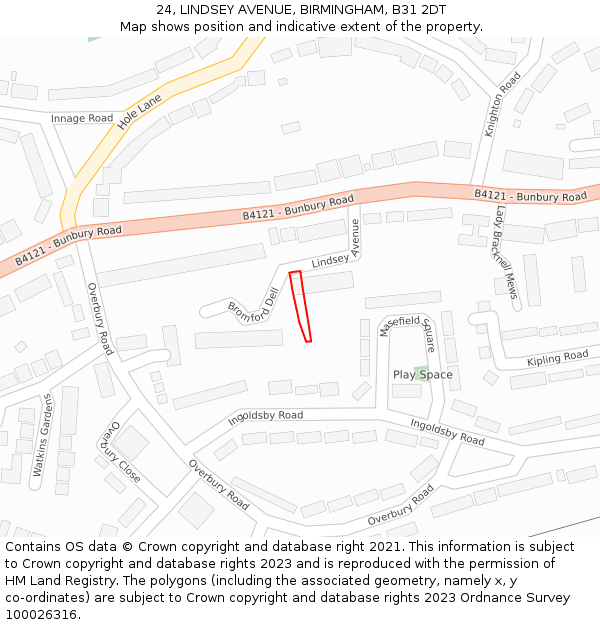 24, LINDSEY AVENUE, BIRMINGHAM, B31 2DT: Location map and indicative extent of plot