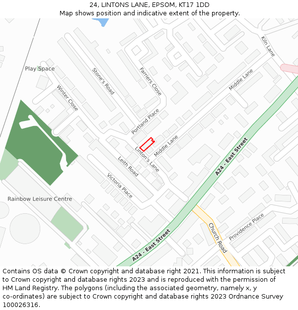 24, LINTONS LANE, EPSOM, KT17 1DD: Location map and indicative extent of plot