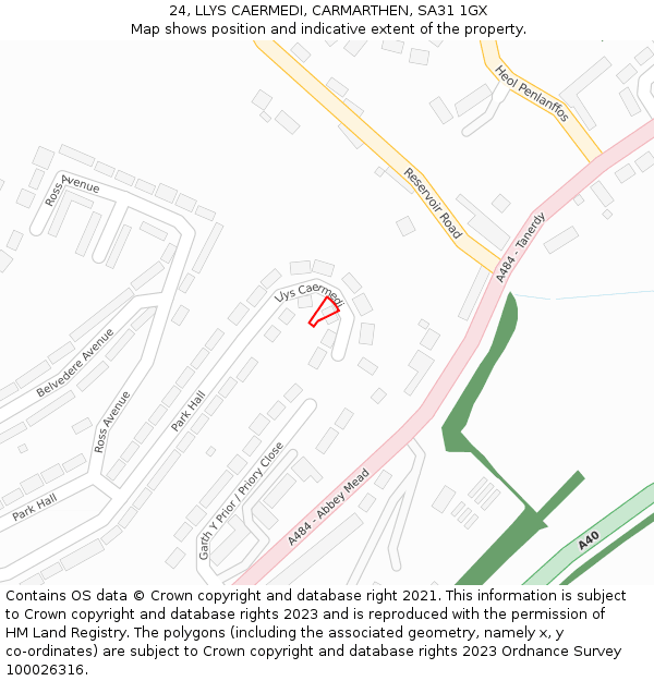 24, LLYS CAERMEDI, CARMARTHEN, SA31 1GX: Location map and indicative extent of plot