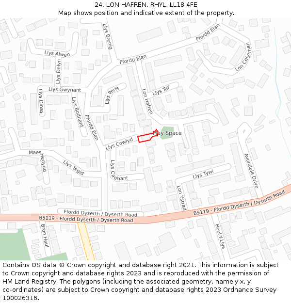24, LON HAFREN, RHYL, LL18 4FE: Location map and indicative extent of plot