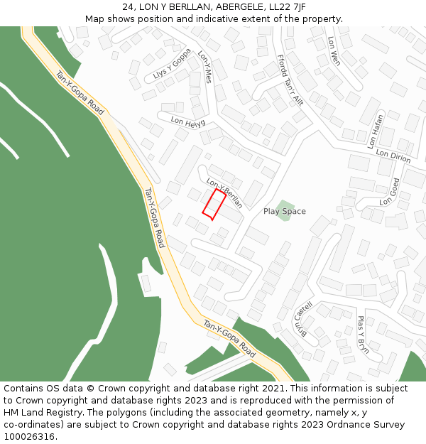 24, LON Y BERLLAN, ABERGELE, LL22 7JF: Location map and indicative extent of plot