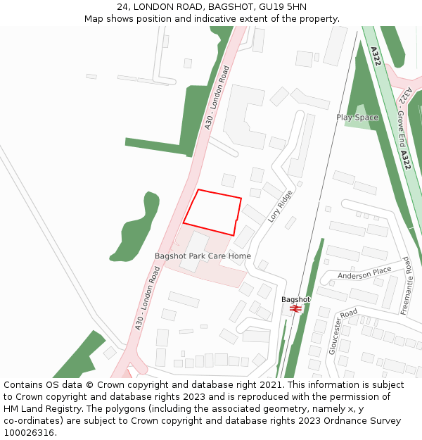 24, LONDON ROAD, BAGSHOT, GU19 5HN: Location map and indicative extent of plot