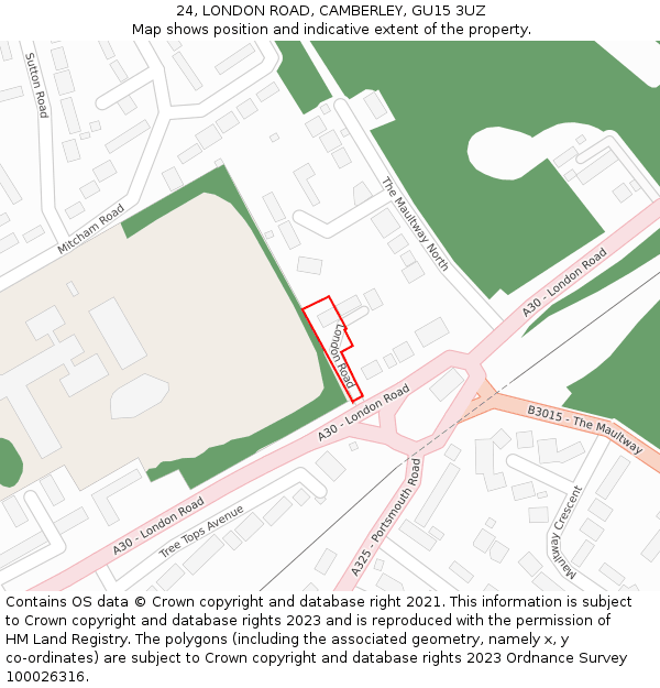 24, LONDON ROAD, CAMBERLEY, GU15 3UZ: Location map and indicative extent of plot