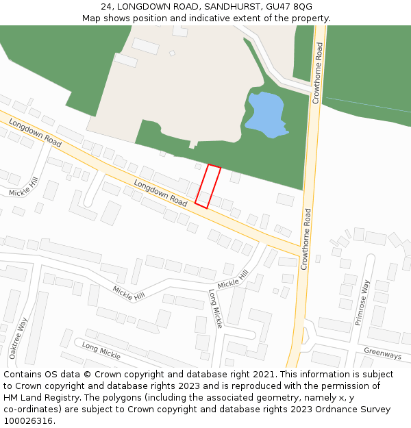 24, LONGDOWN ROAD, SANDHURST, GU47 8QG: Location map and indicative extent of plot