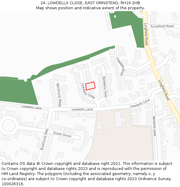 24, LOWDELLS CLOSE, EAST GRINSTEAD, RH19 2HB: Location map and indicative extent of plot