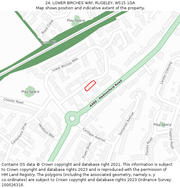 24, LOWER BIRCHES WAY, RUGELEY, WS15 1GA: Location map and indicative extent of plot