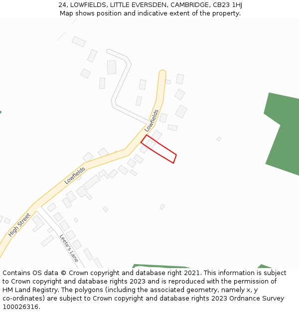 24, LOWFIELDS, LITTLE EVERSDEN, CAMBRIDGE, CB23 1HJ: Location map and indicative extent of plot