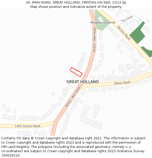 24, MAIN ROAD, GREAT HOLLAND, FRINTON-ON-SEA, CO13 0JL: Location map and indicative extent of plot