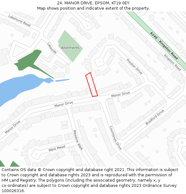 24, MANOR DRIVE, EPSOM, KT19 0EY: Location map and indicative extent of plot